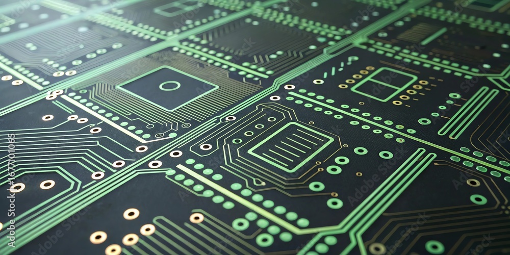 Poster close up of a complex electronic circuit board with glowing green lines and intricate pathways