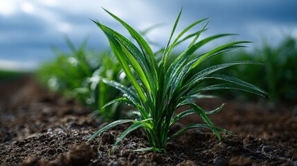 Close-up view of vibrant young plants with dew drops, growing in a field of rich dark soil.
