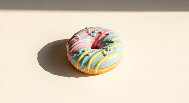 A colorful glazed donut, with pink and blue icing swirls, sits on a light background.