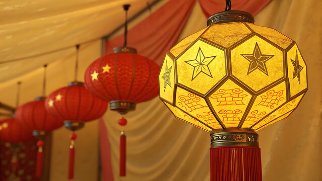 Traditional chinese lanterns illuminated with festive red and yellow hues - Powered by Adobe