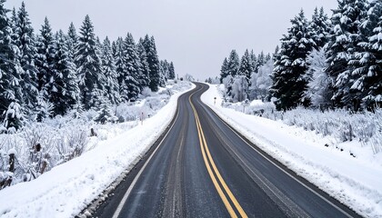 Snow-covered winding road through a winter forest, showcasing serene nature and tranquility