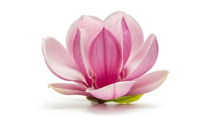 Pink magnolia flower with white edges on a bright white background