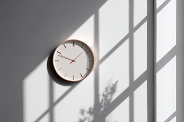 A minimalist wall clock, bathed in sunlight, casts shadows on a white wall