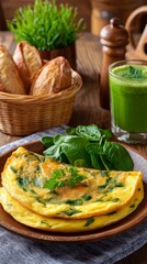 Delicious spinach omelette with fresh bread and green smoothie on rustic table