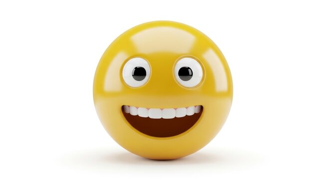 Yellow smileyface emoji with wide brightwhite teeth and big wide eyes It is set against a white background