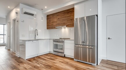 Fototapeta premium Modern, bright kitchen with white cabinets, wood accents, and stainless steel appliances