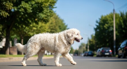A white dog strides across an asphalt road on a sunny treelined street