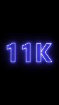 Glowing red neon 11k light text animation. Shining neon number motion graphic for 11k followers and subscribers celebration. Social media milestone achievement neon effect video on black background.