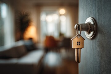 A key with a house charm hanging on a door knob, leading into a blurred interior