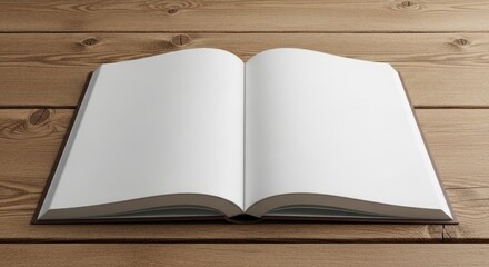 Fototapeta premium An open blank book lays flat on a light brown wooden surface its white pages ready to be filled