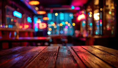 Rustic wooden table in a dimly lit, vibrant bar. Bokeh effect highlights colorful neon lights and blurred interior