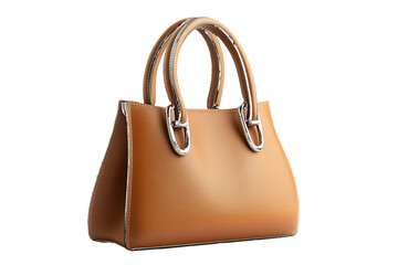 Tan Leather Structured Handbag with Silver Hardware isolated on a transparent background 1