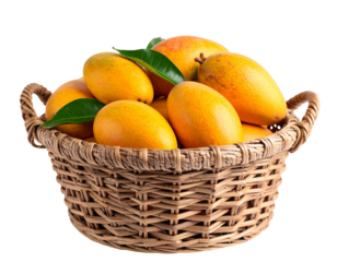 Photorealistic wicker jute basket filled with fresh Mango, natural texture details