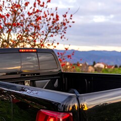 Black pickup truck bed at sunset with trees