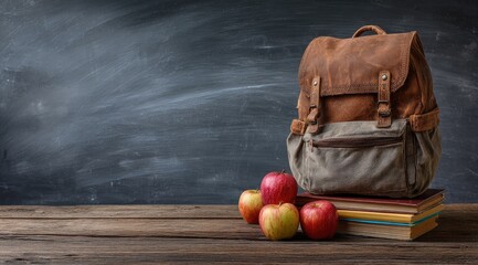 A rustic backpack sits atop books with apples on a wooden table in front of a chalkboard