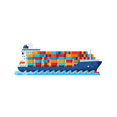 Flat design vector illustration of a container ship at sea, a symbol of worldwide freight transportation and efficient supply chain management