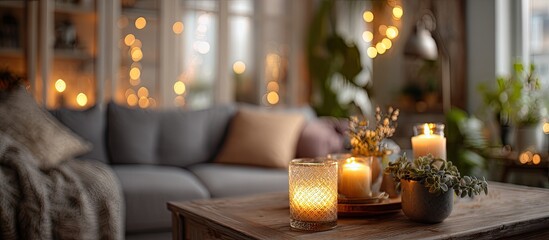 Cozy living room scene with candles and warm lighting