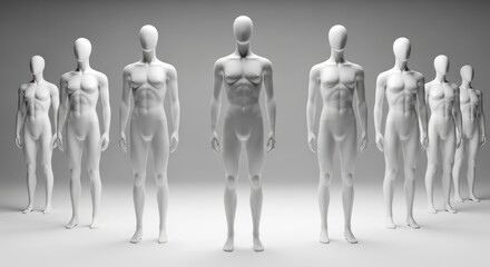 Eight white featureless mannequins stand in a line against a gray backdrop displaying varying degrees of muscular definition