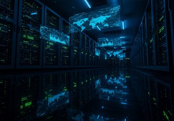 Futuristic Server Room with Global Data Displays