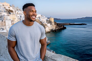 A happy African American man stands by a stone wall overlooking turquoise waters and white-washed buildings in a scenic coastal village. Perfect for travel, lifestyle, and wellness content.