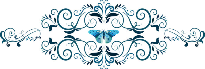 Decorative Floral Ornament with Flowers and Butterfly Swirl Border Vector Design
