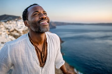 Joyful African man with beard wearing white linen shirt and wooden beads necklace smiling at beautiful ocean sunset on coastal rocks.
