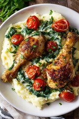 Creamy chicken drumsticks with mashed potatoes and spinach