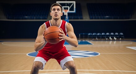 A basketball player in a red uniform prepares to shoot the ball on an indoor basketball court area