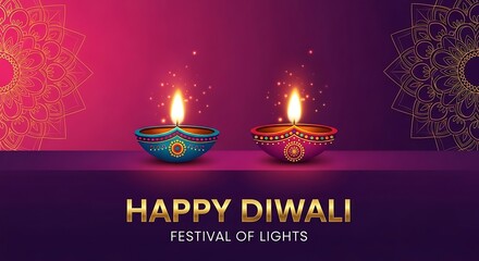 Happy Diwali Celebration with Lit Diyas and Intricate Mandala Designs Radiating Joy in Warm and Festive Colors on a