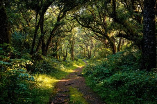 Sunlit forest path, dense canopy, lush undergrowth - Powered by Adobe