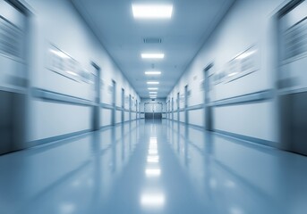 Fototapeta premium Modern sterile hospital corridor with bright lights and doors.
