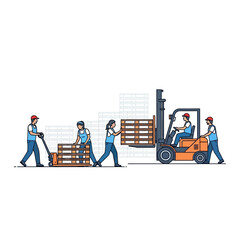 Warehouse Team Working Together Loading and Transporting Pallets for Efficient Logistics