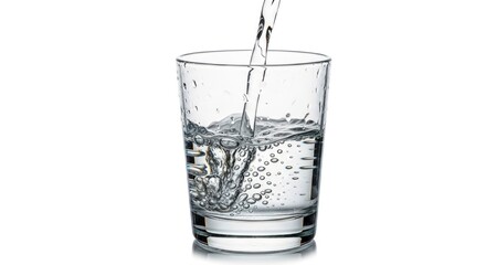 A clear glass is being filled with water creating splashes and bubbles