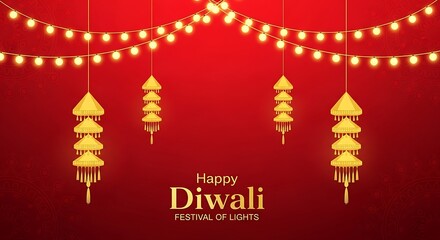 Festive Diwali Celebration Golden Lanterns Sparkling Lights on Red Backdrop for Festival of Lights Diwali s warm glow