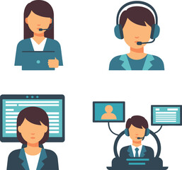 Customer support icons, call center representatives, headset communication, remote service team, cartoon illustration, help desk concept, online assistance, tech support visuals