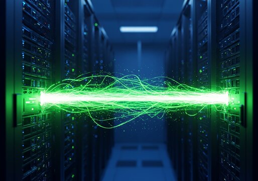 Green Energy Flowing Through Server Racks in Dark Data Center