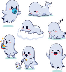Cute cartoon ghosts, baby ghost characters, playful spirits, Halloween illustration, pacifier ghost, cloud ghost, sleeping ghost, rattle, leash, laughter, cheerful ghost, ghost poses, spooky fun, 