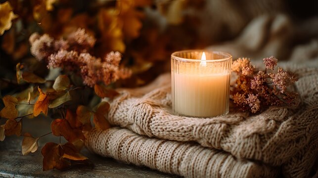 Find cozy autumn vibes with a lit candle, soft knit blanket, and warm fall foliage details for ultimate relaxation