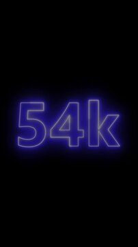 Glowing red neon 54K light text animation. Shining neon number motion graphic for 54K followers and subscribers celebration. Social media milestone achievement neon effect video on black background.