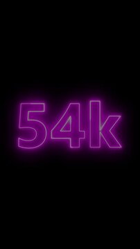 Glowing red neon 54K light text animation. Shining neon number motion graphic for 54K followers and subscribers celebration. Social media milestone achievement neon effect video on black background.