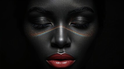 Closeup of woman with dark skin, gold glitter, rainbow highlight, and red lips on black background