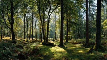 Fototapeta premium Sunlight filters through a dense forest (1)