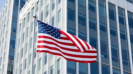 The American flag waving in front of a modern office building representing business and finance - Powered by Adobe