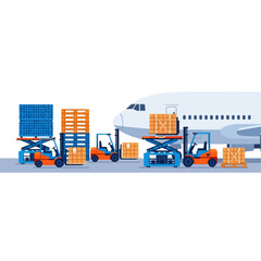 Fototapeta premium Efficient air cargo logistics featuring automated forklifts swiftly loading freight onto a transport airplane for global distribution
