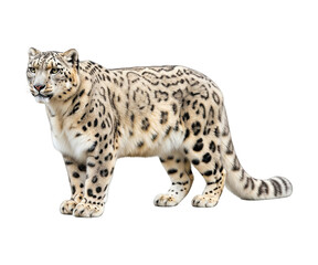 Fototapeta premium A snow leopard in a full-body side view, isolated on a clean white background.