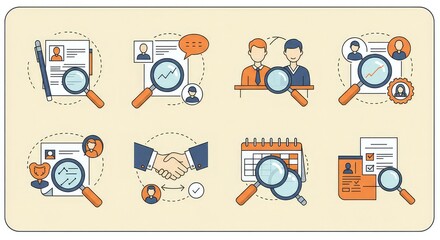 Discover exceptional talent and streamline hiring processes with these professional recruitment and human resources icons depicting candidate search, interviews, and successful partnerships.