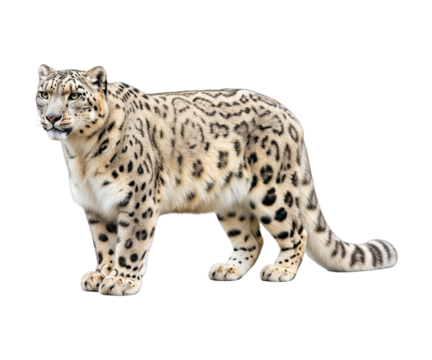 A snow leopard in a full-body side view, isolated on a clean white background.