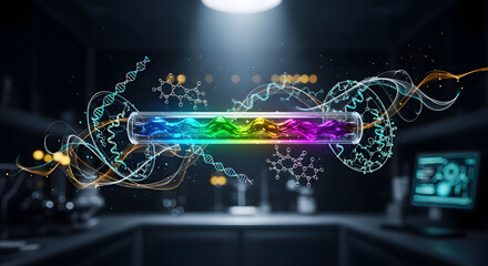 Conceptualizing the future of science, where light interacts with genetic code to unlock new biological insights and advanced data frontiers