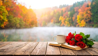 Autumnal scene with coffee and roses