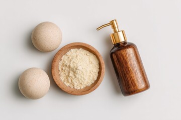 Two light beige, round bath bombs, a wooden bowl with light beige powder, and a brown glass pump bottle, all on a white background